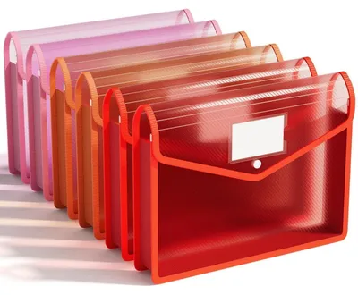 Image de Pochettes de documents A4 en plastique, lot de 6, rouge, orange, rose, étanches, avec bouton-pression