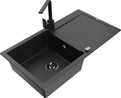 Produktbild von Mexen Leo 1 Becken-Granitspüle mit Abtropffläche und Mischbatterie Rita, Schwarz/Gold metallisch - 6501-75-670300-70-B