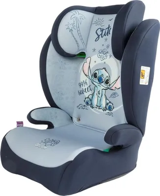 Produktbild von Tataway Disney Stitch Autositz für Kindersicherheit mit einer Körpergröße von 100 bis 150 cm mit Stitch-Grafiken auf blauem Hintergrund