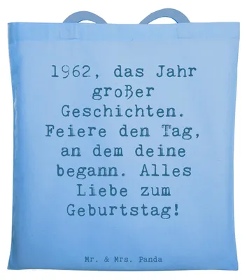 Produktbild von Mr. & Mrs. Panda Jutebeutel Spruch 1962 Geburtstag - Sky Blue - Geschenk, Tote Bag, Laptoptasche, Geburtstagsgeschenk, Schultasche, Alter, Geburtstagsgruß, Happy Birthday