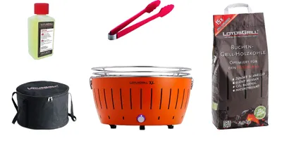 A flat lay of a barbecue starter set including a grill, charcoal bag, tongs, cleaning fluid, and a carrying bag.