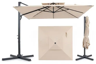 Obrázek produktu pro Slunečník COSTWAY 300 x 300 cm, hliníkový slunečník s dvojitou střechou a klikou, otočný o 360°, čtvercový zahradní slunečník, tržní slunečník, terasový slunečník, béžový
