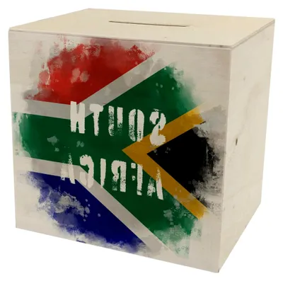 Produktbild von Spardose aus Holz mit Südafrika-Flagge im Used Look