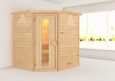Produktbild von Karibu Sauna Innensauna Mia Eckeinstieg  ohne Zubehör 224x184x202 cm mit Dachkranz  mit Energiespartür