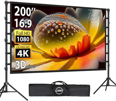 Imagen del producto de Pantalla para proyector de 200 pulgadas, con soporte: pantalla grande portátil para cine al aire libre, pantalla de proyección para interiores y exteriores, formato 16:9, resolución 4K HD, sin arrugas