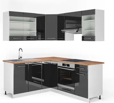 Produktbild von Eckküche Vicco Fame-Line Anthrazit Hochglanz/Weiß 190 x 60 cm , AP Eiche, Model 42562