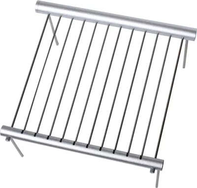 A silver and black metal grill rack on a white background.