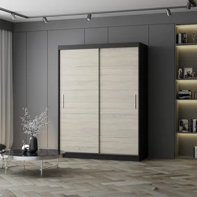 Produktbild von Schwebetürenschrank Kleiderschrank Schrank 150 cm Schwarz/Sonoma mit Zierleisten Vista 06