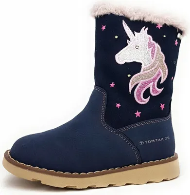 A single blue boot with a unicorn design and pink stars.