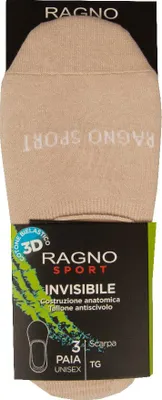 Image de Chaussettes RAGNO SPORT, lot de 3 paires, coupe anatomique invisible, talon antidérapant, unie, référence 09800F, pointures 2-39/42, 95 % coton, 3 % polyamide, 2 % Élasthanne