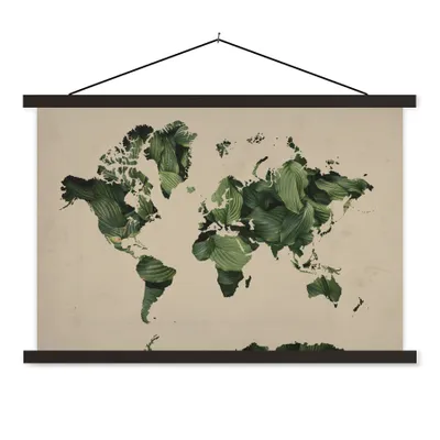Produktbild von MuchoWow® Textilposter Weltkarte - Blätter - Grün 150x100 cm mit schwarzem Rahmen - Schlafzimmer