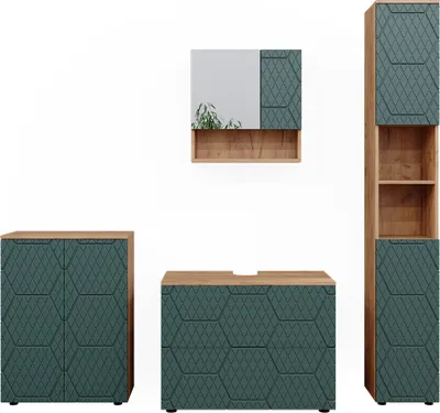 Produktbild von Badmöbel-Set Vicco Irma Grün/Goldkraft Eiche 4 Teile, mit Schubladenschrank und Midischrank, Model 47196