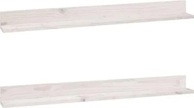 Two white wooden shelves are shown against a white background.
