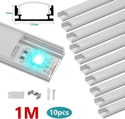 Obrázek produktu pro LED hliníkový profil – sada hliníkových profilů pro LED pásky, 10 kusů po 1 metru – tenký profil – pro LED pásky – U-tvar – včetně montážních držáků a koncovek
