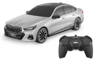 A silver BMW i5 remote control car and its black remote control are displayed on a white background.