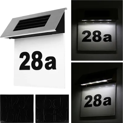 Produktbild von Beleuchtete Solar Hausnummer LED, Edelstahl Hausnummer für außen, wasserdicht, mit Lichtsensor, kaltweiß 6500K