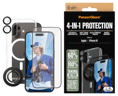 Produktbild von PanzerGlass ® 4-in-1 Schutz Set iPhone 16, Apple, Apple - iPhone 16, Trockene Anwendung, Kratzresistent, Schockresistent, Transparent, 1 Stück(e)
