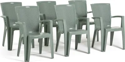 Produktbild von 6er-Set Stühle aus Polypropylen monoblock, stapelbar mit Armlehnen, wasserbeständig, Rattan-Effekt für Garten, Terrasse, Restaurant, Bar, leicht zu reinigen - Diana - Salbeigrün