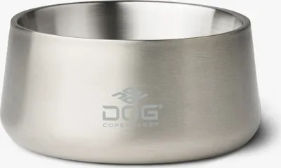 A close-up studio shot of a steel dog bowl.