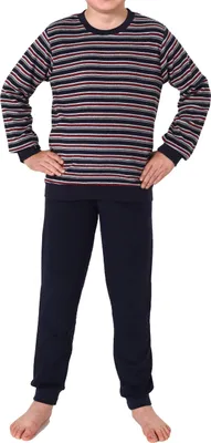 Produktbild von Jungen Frottee Schlafanzug Pyjama langarm mit Bündchen in Streifenoptik ; marine , 152
