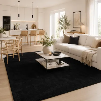 Produktbild von Luxus Super Soft Hochflor Teppich Silky Schwarz, Größe:80x150 cm, KI-generiertes Bild