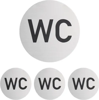 Immagine prodotto di Relaxdays Cartello per WC, set da 4, rotondo, cartello adesivo per porta, Ø 10 cm, bagno e WC degli ospiti, alluminio, cartello per WC, argento