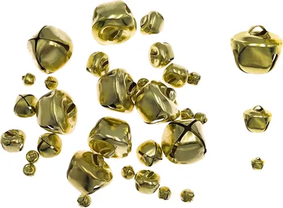 A collection of small, golden bells scattered on a white background.