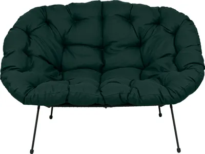 A dark green tufted cushion chair with black metal legs, presented on a white background.