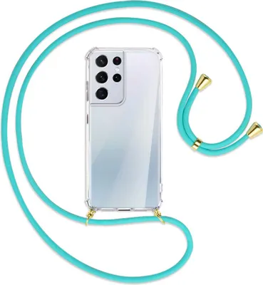 Produktbild von Handykette Backcover-Schutzhülle mit Band (Metall goldfarben) für Samsung Galaxy S21 Ultra 5G - türkis