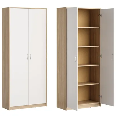 Produktbild von Schrank Mehrzweckschrank Aktenschrank Hochschrank mit 5 Fächern, 2 Türen, 74x35x180 cm, vielseitig einsetzbar für Büro, Flur, Küche, Hauswirtschaftsraum, stabil & pflegeleicht | sonoma / weiß