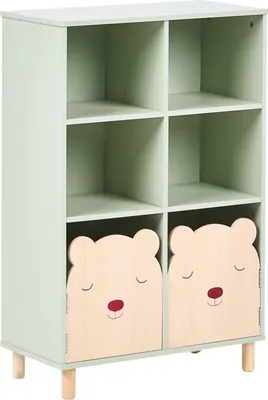Produktbild von BELIANI Bücherregal Hellgrün MDF-Konstruktion Schmal mit Holzbeinen 3 Etagen Stauraum 2 Türen Niedliches Tiermotiv Bären Regal für Kinderzimmer