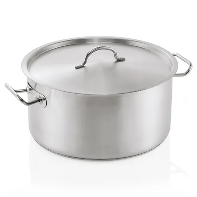 A stainless steel pot with a lid and handles, shown from a slightly elevated front-side angle on a white background.