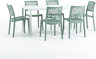 Immagine prodotto di Set da pranzo per esterni con tavolo rettangolare 156x78 cm e 6 sedie impilabili in resina rinforzata con fibra di vetro - design moderno e colorato, ideale per giardino, patio e veranda - THOMAS+FLORA - verde salvia/bianco