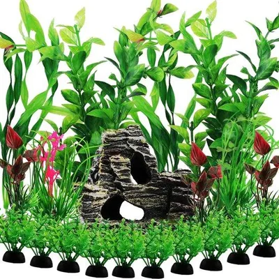 Immagine prodotto di Accessori per acquari - Set di decorazioni verdi per acquari da 20 pezzi, incluse piante e rocce decorative