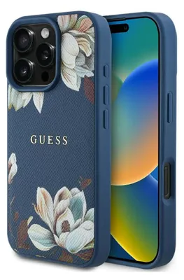 Produktbild von GUESS case passend für IPHONE 16 Pro kompatibel mit MagSafe GUHMP16LPGNMPLMB (PU Grained Flowers Classic Logo) blue