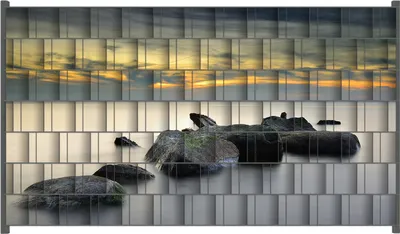 Produktbild von Wallario Zaunsichtschutz mit Motiv Mystische Felsen im Meer für Ein- und Doppelstabmatten Zäune in der Größe 250 x 140 cm