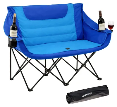 Obrázok produktu pre Relaxdays Kempingová lavica, skladateľná, s taškou na prenášanie, držiakom na nápoje, nosnosť 272 kg, dvojmiestna kempingová stolička, polyester a kov, modrá