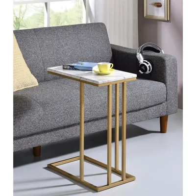 Produktbild von Beistelltisch CARLOTA, Wohnzimmertisch Couchtisch rechteckig im Retro Stil, Metallgestell in gold MDF Tischplatte Nachbildung Marmor weiß