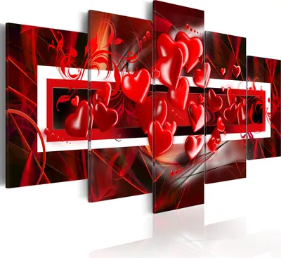 Image de Tableaux muraux abstraits, thème amour, cœur, rouge, dimensions 200x100 cm, ensemble de 5 pièces – Idéal pour le salon, tableaux modernes sur toile, impression sur toile, référence 020101-154