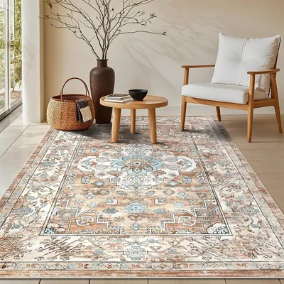 Zdjęcie produktu dla Dywan do salonu, 90 x 150 cm, krótki włos, w stylu bohemy, bardzo miękki, można prać, antypoślizgowy, kolor kremowy