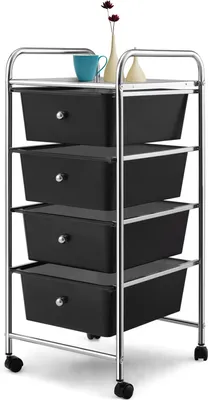 Produktbild von COSTWAY Rollwagen mit 4 stapelbaren Schubladen, Badrollwagen Rollcontainer mit Metallgestell und Ablagefläche schwarz