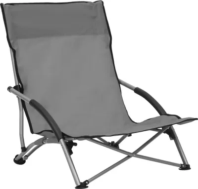 A single grey folding beach chair shown from a slightly elevated front-diagonal angle against a white background.