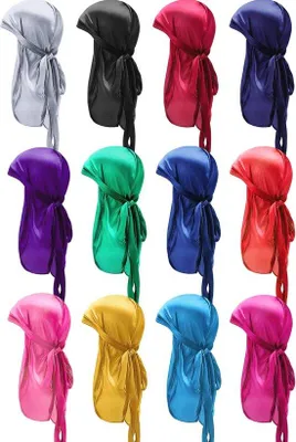 Productafbeelding van Zijdeachtige Durag Caps - 12 Stuks Hoofddoek Met Lange Staart in 12 Kleuren