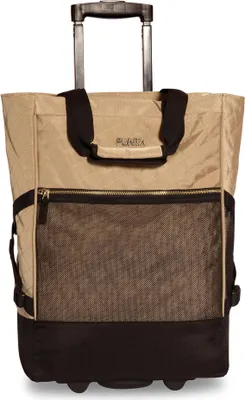 A beige and black rolling shopping bag with a telescoping handle.
