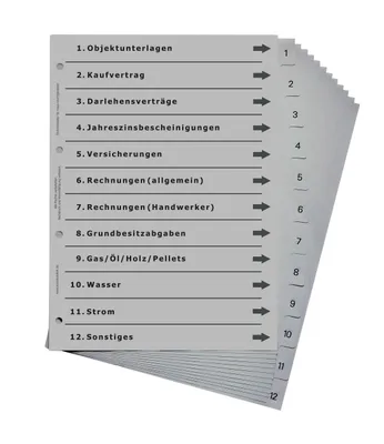 Produktbild von europrotokoll Ordnerregister für Haus und Eigenheim, durchdachtes Register für DIN A4 Ordner, Hausordner, Immobilienordner für Bauherren, lichtgrau