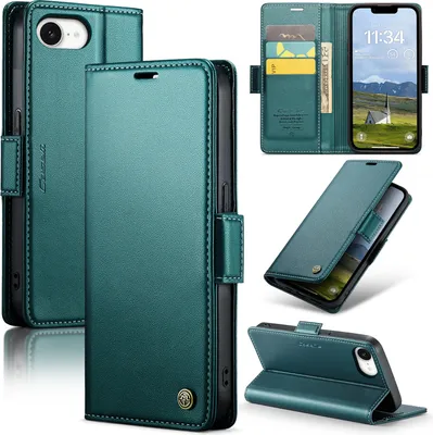 Image de Étui pour iPhone 16e/iPhone 17e, blocage RFID des cartes, étui à rabat en cuir haut de gamme avec fonction support, vert