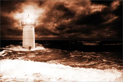Produktbild von Wallario selbstklebendes Poster - Abstrakter Leuchtturm im Wasser bei stürmischer See, Größe: 61 x 91,50 cm