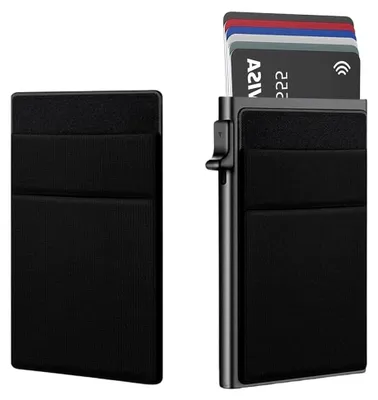 Produktbild von Slim Pop Up Kartenetui mit RFID Schutz – Aluminium Kreditkartenhalter für 8 Karten – Slim Wallet mit Geldscheinfach – Minimalistische Geldbörse Herren Damen – Kompaktes Portemonnaie Schwarz