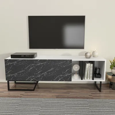 Produktbild von Decorotika Linossa TV Lowboard mit Metallbeine, für TVs bis zu 60" | Weiß & Schwarz & Marmoreffekt