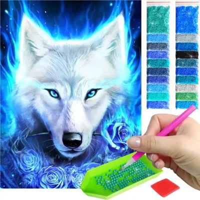 Produktbild von ARTULIO - Diamond Painting Set - Weißer Wolf mit blauen Flammen - 40 x 30 cm - 5D Diamant Painting, Komplettset Mosaik + Zubehör